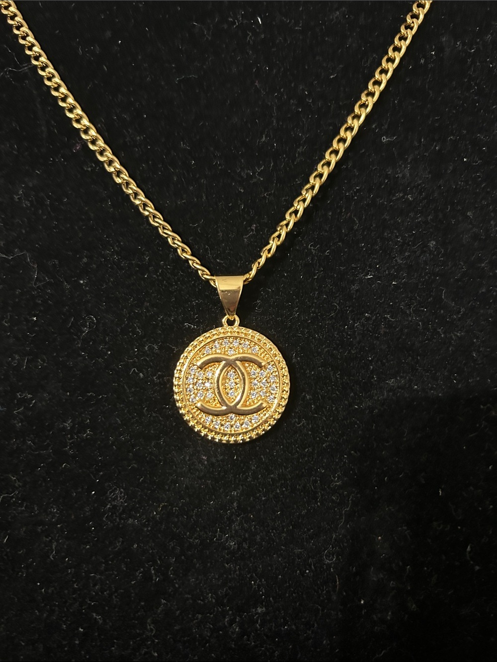 Gold-Tone Coin Pendant Necklace with Interlocking Motif